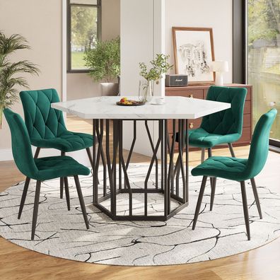 5-teilig Esszimmer Set: Sechseckiger Marmor-Esstisch + 4 Grüne Samtstühle