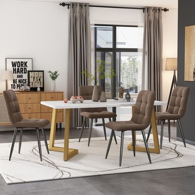 Essgruppe 117×68cm Esstisch 4 Stühle Braun Samt Golden Tischbeine