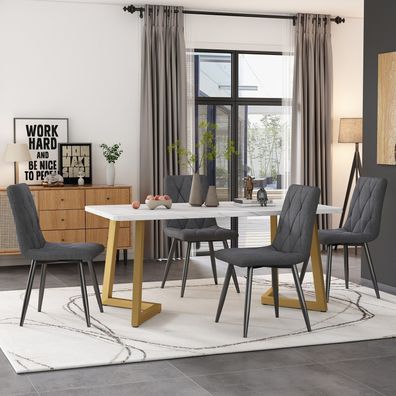 Essgruppe 117×68cm Esstisch Set 4 Stühle Dunkelgrau Leinentuch Golden Beine