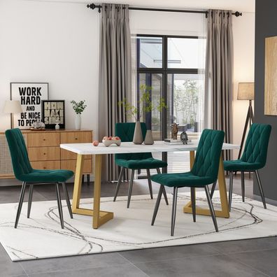 Essgruppe 117×68cm Esstisch 4 Stühle Dunkelgrün Samt Golden Beine