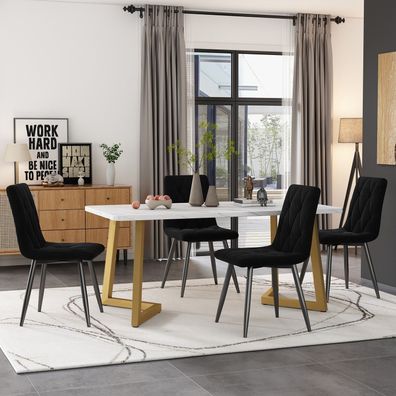 Essgruppe 117×68cm Esstisch 4 Stühle Schwarz Samt Golden Beine