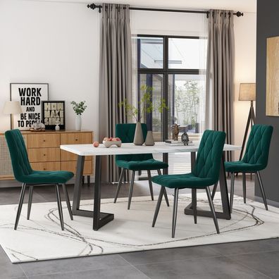 Essgruppe Set 117×68cm Esstisch 4 Dunkelgrün Samt Stühle