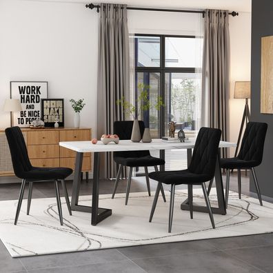 Essgruppe 117×68cm Esstisch Set mit 4 schwarzen Samt Stühlen