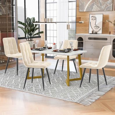117cm Rechteckiger Esstisch Set mit 4 Beige Samt Stühlen Golden Beine