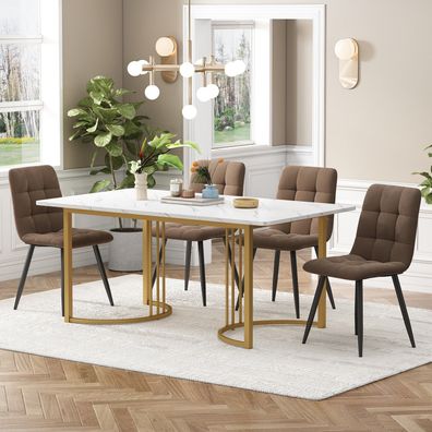 Essgruppe 5-tlg Esstisch Set 140×80cm Weiß MDF Golden Metallbeine 4 Stühle