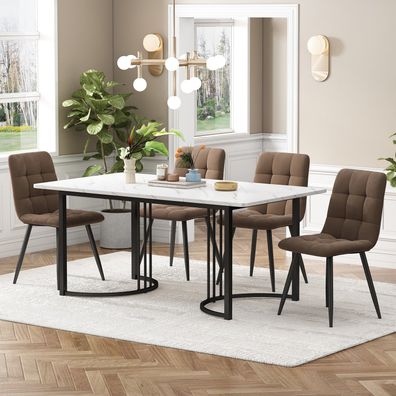 Essgruppe 5-tlg Esstisch 140×80cm MDF Weiß + 4 Stühle Samt Braun Schwarz