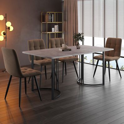 Essgruppe 5-tlg Esstisch 140×80cm Grau MDF 4 Stühle Braun Samt Schwarz Metall