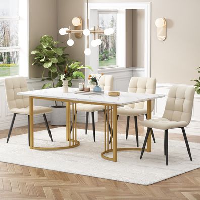 Essgruppe 5-tlg Esstisch Set 140×80cm Weiß MDF Golden Metallbeine 4 Stühle