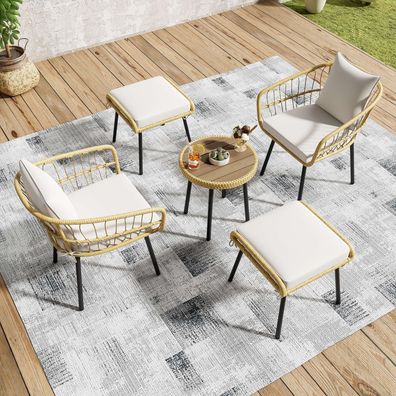 5-teiliges Garten-Lounge-Set Rattan: Esstisch, 2 Stühle, 2 Hocker