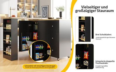 Sonnenh Servierwagen Schwarz MDF 203 x 39 x 106 cm mit Rollen & Stauraum Küche