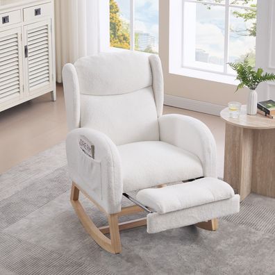 Schaukelstuhl Stillstuhl Lounge-Sessel Holzgestell Fußstütze Weiß Teddy-Stoff
