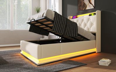 Polsterbett Einzelbett 90x200cm Weiß PU LED USB Hydraulik Lagerbett