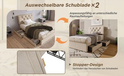 Einzelbett Polsterbett 90x200cm 2 Schubladen Höhenverstellbar Kopfteil
