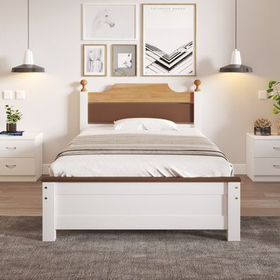 Einzelbett Kiefernholz 90x200 cm Weiß MDF Kopf-Fußteil Colour-Blocking