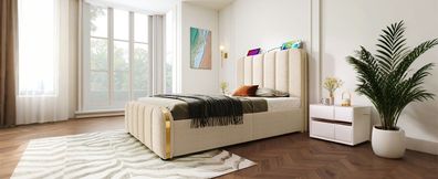 Polsterbett Einzelbett 90x200cm Beige USB Typ-C Hydraulik Lagerbett