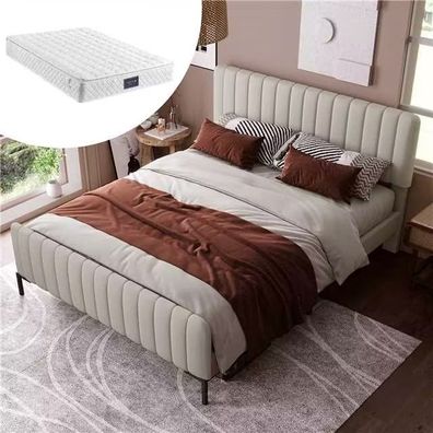 Polsterbett Einzelbett 160x200cm Grau-Beige mit Lattenrost Verstellbarem