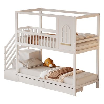 Sonnenh Etagenbett Weiß 90 x 200 cm mit Stauraum & Rausfallschutz