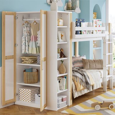 Etagenbett Kinderbett 90x200cm Fallschutz Leiter Regale Kleiderschrank Weiß