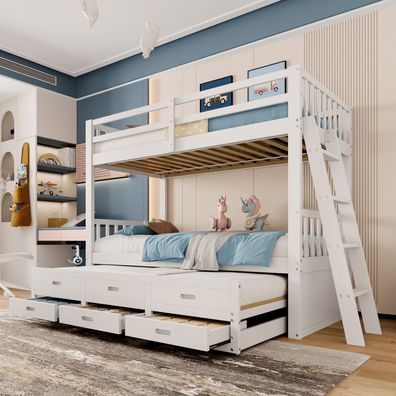 Etagenbett 90x200cm Kinderbett Hausbett Weiß Leiter Ausziehbar Bett 3 Schubladen