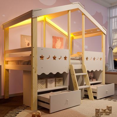 Halbhohes Hochbett 90x200cm Weiß 2 Schubladen LED-Lichtleiste ohne Matratze