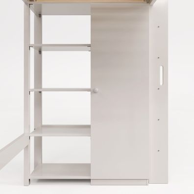 Hochbett 90x200 cm Weiß mit Kleiderschrank 6 Regalen Bettgestell