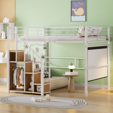 Hochbett 140x200 mit Sicherheitsleiter Eisenrahmen weiß