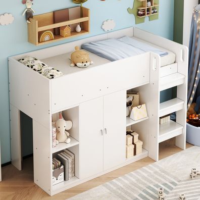Multifunktionales Kinderhochbett 90x200 Weiß mit Stauraum Schrank Regalen Leiter