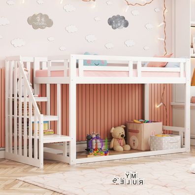 Kinderbett 90x200cm Niedriges Etagenbett mit Sicherheitstreppe weiß