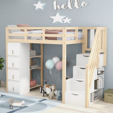 Hochbett 90x200cm Holzfarbe mit Stauraumschubladen und Leiter