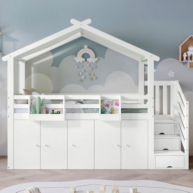 Etagenbett Kinderbett 90x200cm mit Fallschutzgitter Kleiderschrank Weiß + Grün