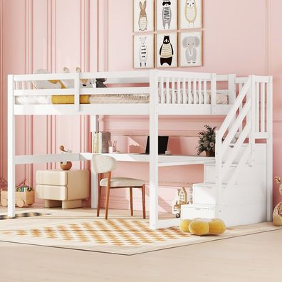 Kinderhochbett 140x200 Weiß mit Stauraumschubladen Unterbettschreibtisch
