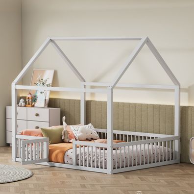 140x200cm Massivholzbett Doppelbett weiß Hausbett mit Türchen