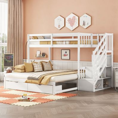 Etagenbett 90x200cm mit Ausziehbett Lattenrost Schubladen Weiß Kiefernholz