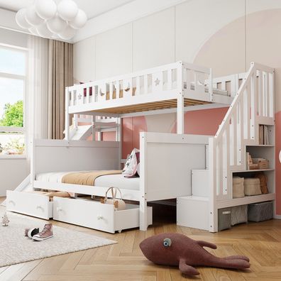 Massivholz Kinder Etagenbett 90/140x200cm Rutsche Regal Schubladen Weiß