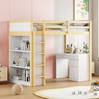Hochbett 90x200cm Holz mit Aufbewahrung und Computertisch