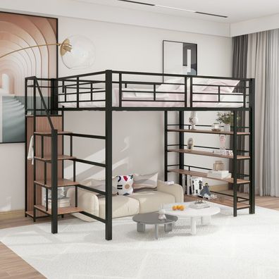 Hochbett 140x200 schwarz mit Sicherheitstreppe Stauraum Kleiderschrank