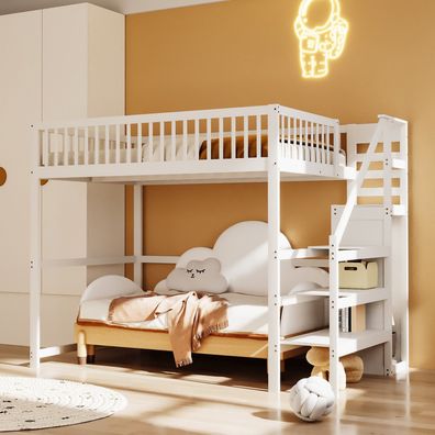 Kinderhochbett 140x200 Holz weiß Treppe Aufbewahrungsregal Kleiderschrank