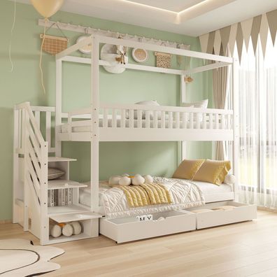 Etagenbett Kinderbett 90x200cm Massivholz Weiß Mit Staufach Leiter