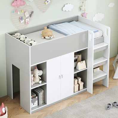 Multifunktionales Kinderhochbett 90x200 Grau mit Stauraum Schrank Regalen Leiter