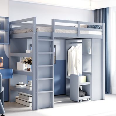 Kinderhochbett 90x200 cm Grau Mit Regalen Kleiderbügeln Organisationswagen