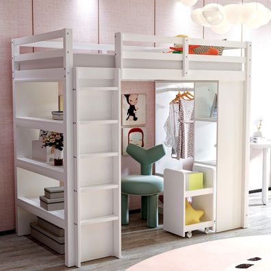 Kinderhochbett 90x200 cm Weiß Mit Regalen Kleiderbügeln Organisationswagen