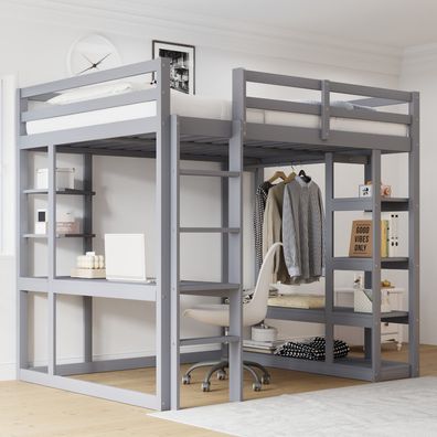 Hochbett Massivholz 140x200cm mit Tisch Regalen Grau Kinder Jugendbetten