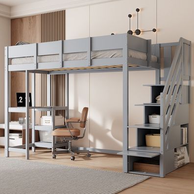 Multifunktionales Etagenbett 90x200cm Grau mit Stauraum Kiefernholz