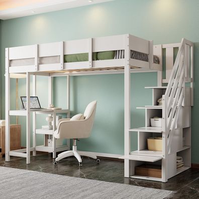 Multifunktionales Etagenbett 90x200cm Weiß Kiefernholz mit Stauraum