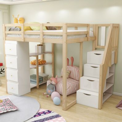 Hochbett 140x200cm mit Schublade Kommode Kletterleiter Massivholz