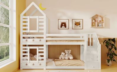 Etagenbett Baumhaus 90x200cm Weiß mit Schubladen Rausfallschutz 2x Lattenrost