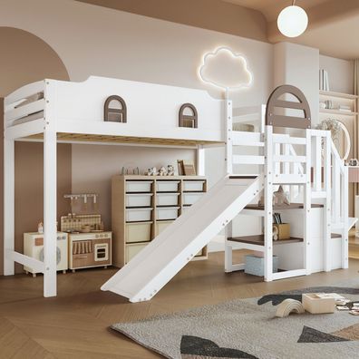 Etagenbett Kinderbett mit Rutsche Treppe 2 Schließfächer 90x200cm Weiß + Braun