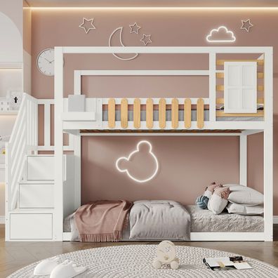 Etagenbett Kiefernholz Weiß 90x200cm mit Treppe Fenster Regal Fallschutz