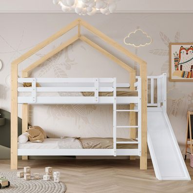 Etagenbett mit Rutsche und Leiter Hausbett Kinderbett 90x200cm Weiß + Natur