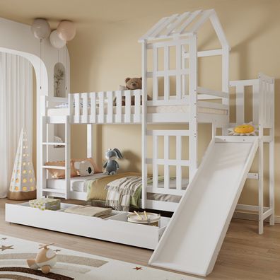 Etagenbett Kinderbett 90x200cm Weiß mit Rutsche Schublade Kiefer MDF Sperrholz